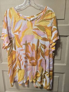 C&C California 100% Linen Leaf Print Button Back Short Sleeve Top Size: 3X